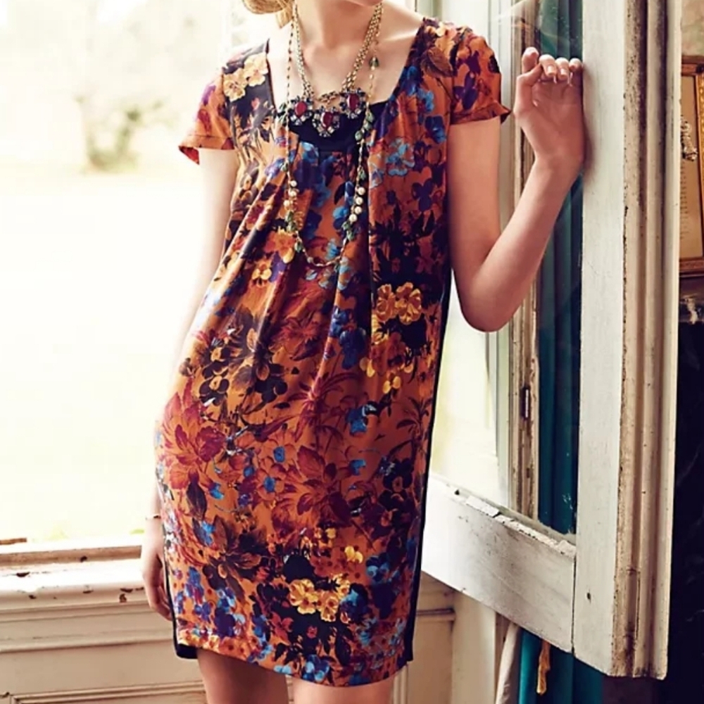 Anthropologie Maeve Women's Pintura Silk Shift Dress Floral Size S Small